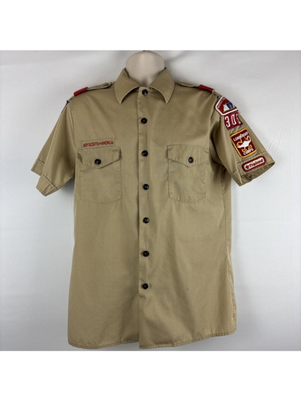 Boy Scouts of America BSA Shirt Medium Tan Sewn Patches Leadership Corp Trained - Picture 3 of 6